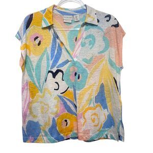 Rachel Zoe 100% Linen Resort Coastal Print Top Short Sleeve Women’s Medium
